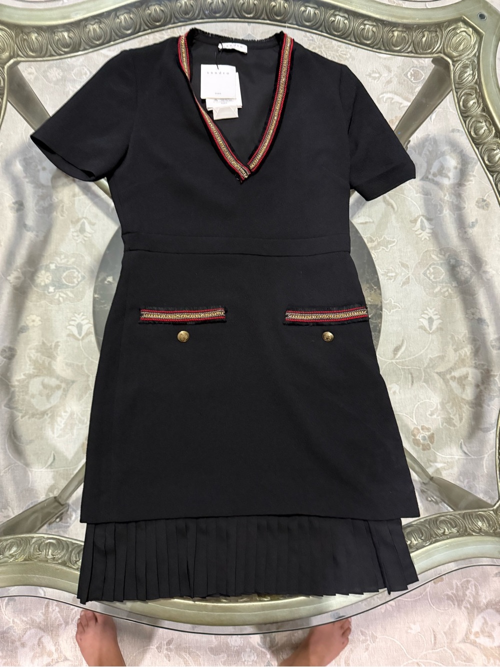 Sandro Black Short-Sleeve Mini Dress with Red Trim